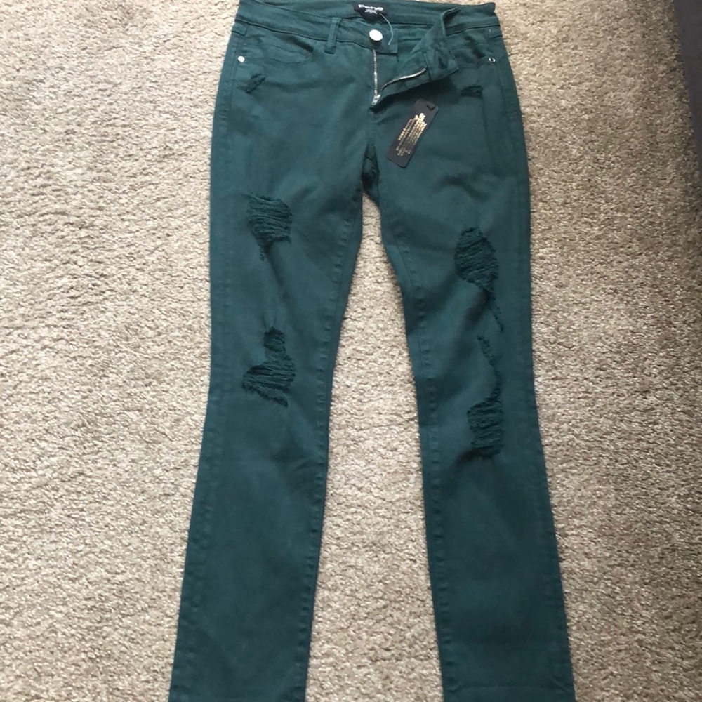 BeBe forest green distressed jeans size 27